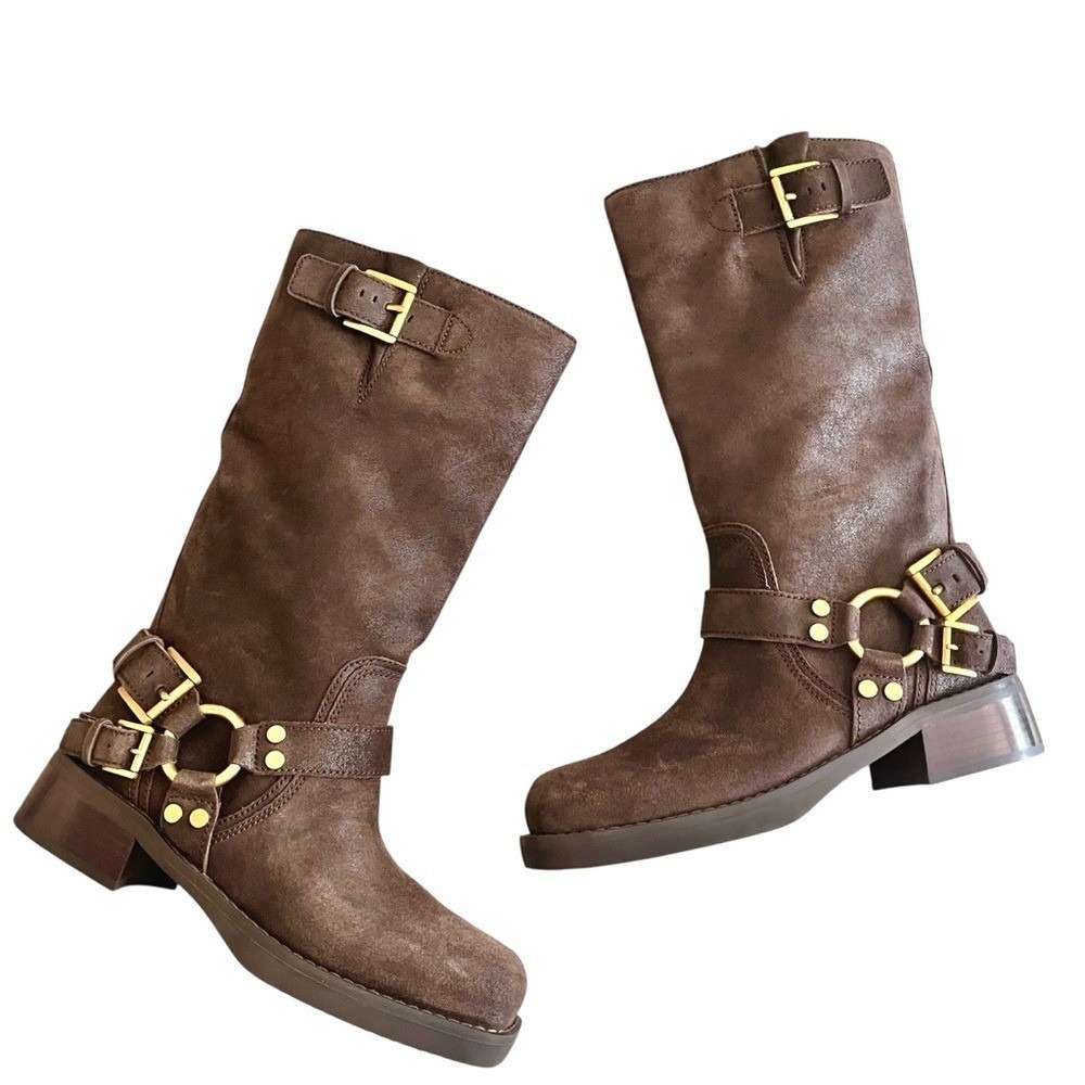 Michael Kors Brown Leather Combat Moto Boots with Gold Hardware